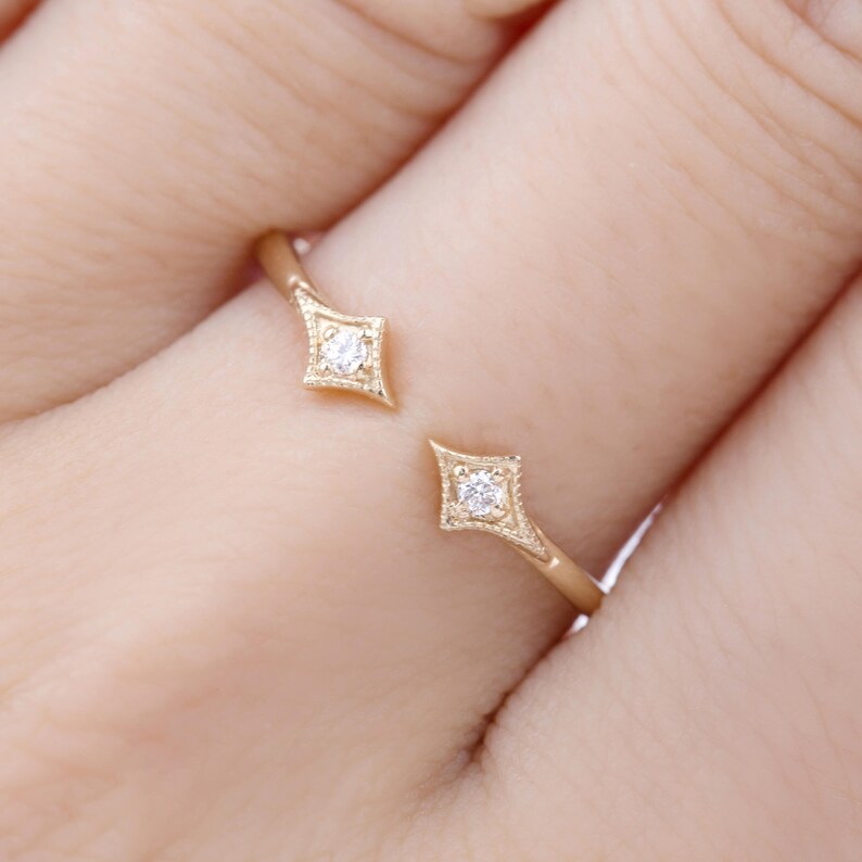 Starburst cluster diamonds ring set in solid 14k gold, pave diamond star stacking ring set, dainty statement ring, gold diamond star ring, image 4