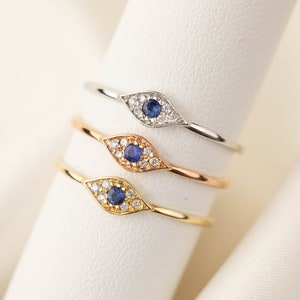 Evil eye ring, Eye ring, Evil eye stacking ring, 14k solid gold, rose gold, white gold, blue sapphire, white diamond, evil eye ring image 1