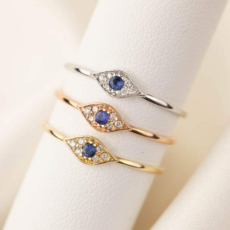 Evil eye ring, Eye ring, Evil eye stacking ring, 14k solid gold, rose gold, white gold, blue sapphire, white diamond, evil eye ring image 1