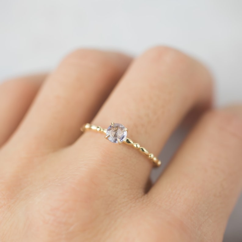 delicate stacking ring, 14k yellow gold natural unheated blue green lavender pink peach yellow sapphire solitaire engagement ring