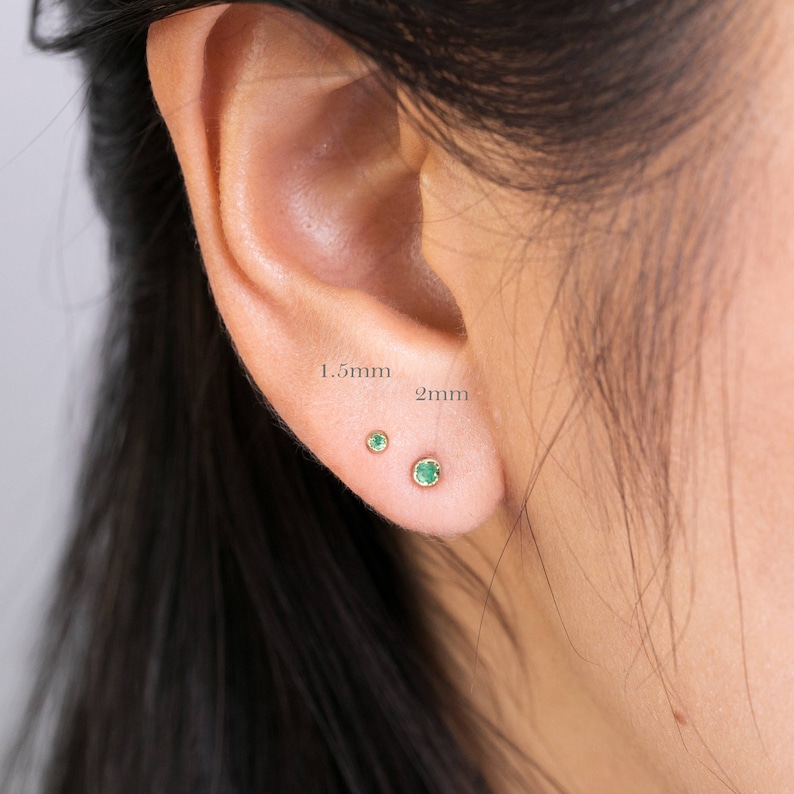 Tiny emerald stud earrings, genuine emerald stud earrings small emerald studs May birthstone studs earring, simple emerald studs, solid gold image 5