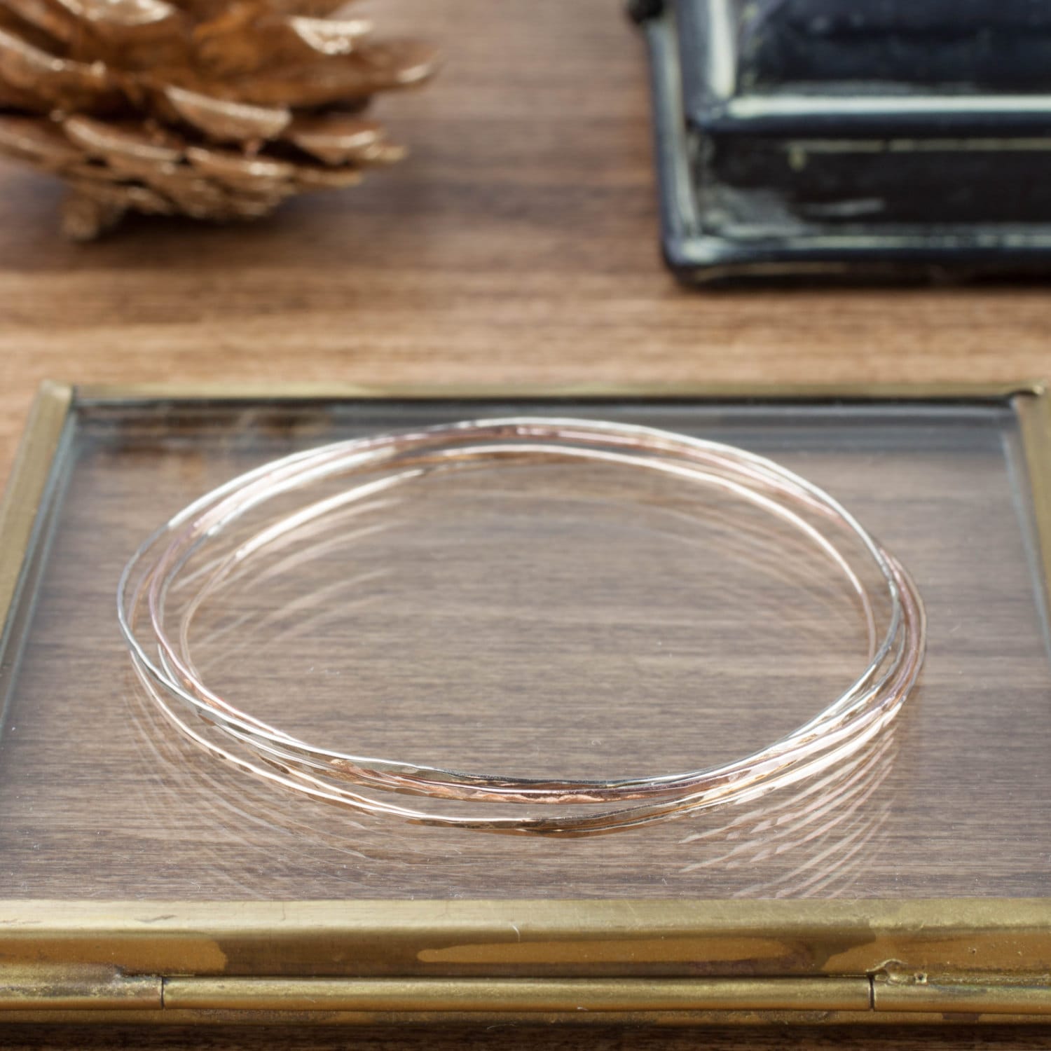 Gold Bangle Set Thin Solid Gold Bangle Hammered Finish 14k - Etsy