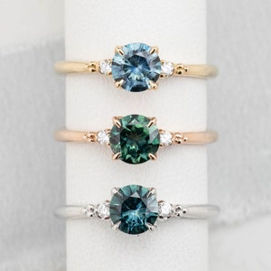 Round Blue Green Sapphire Engagement Ring, Teal Blue, Green Montana Sapphire ring, 14k solid gold ring, Diamond three stone ring, Unique