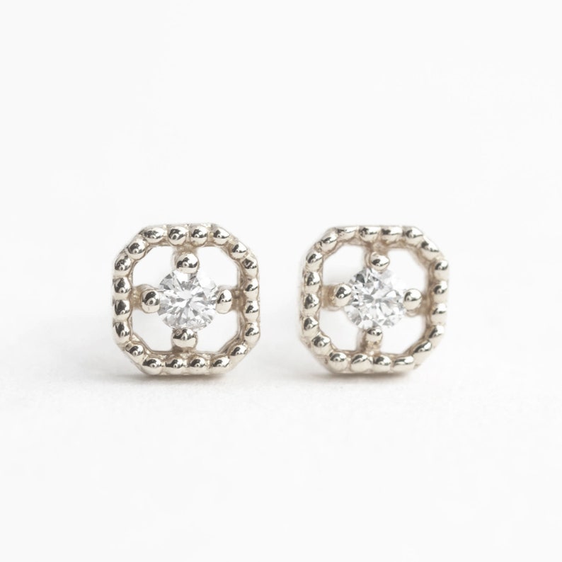 Vintage inspired diamond stud earrings, tiny white diamonds, 14k gold, diamond stud earrings, Vintage inspired earrings Antique style studs image 7