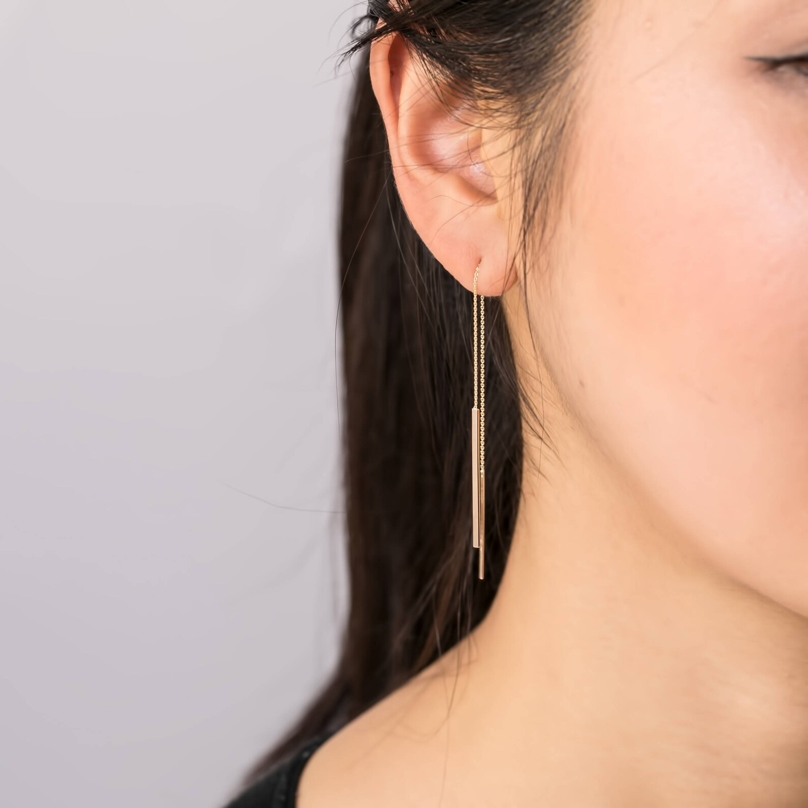 14k Yellow Gold Thin Bar Box Chain Threader Earrings – Real Gold, No Stone