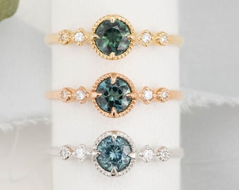 Parti Blue Green Sapphire vintage inspired engagement ring, Parti blue green sapphire ring, solid 14k gold, made in USA
