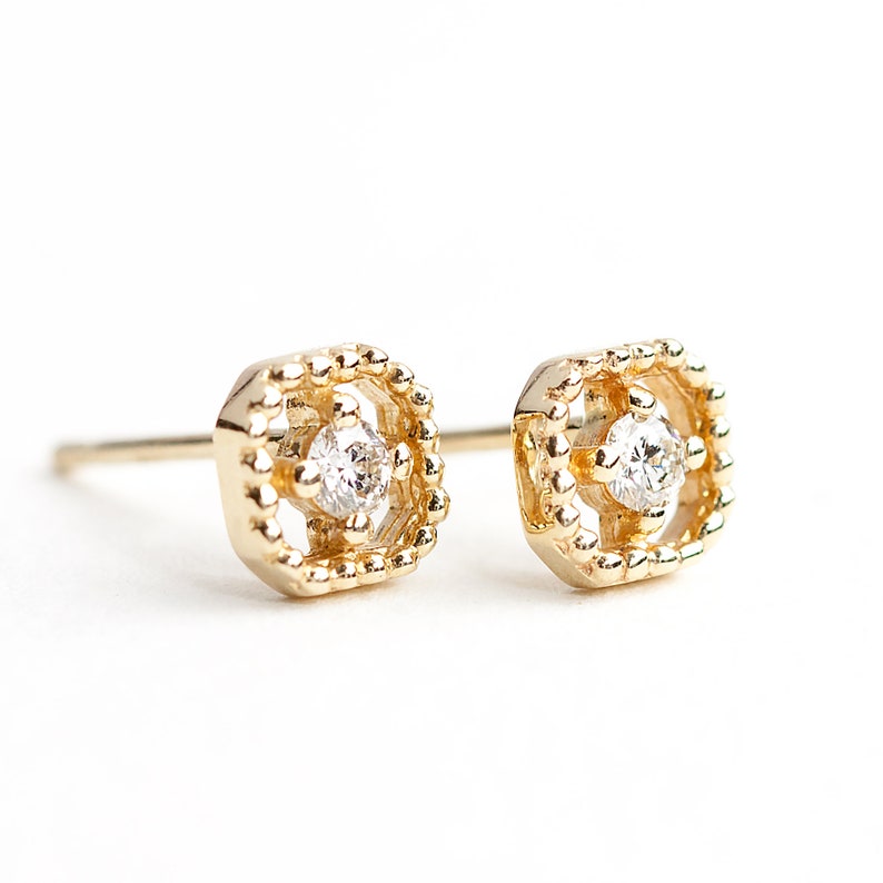 Vintage inspired diamond stud earrings, tiny white diamonds, 14k gold, diamond stud earrings, Vintage inspired earrings Antique style studs image 9