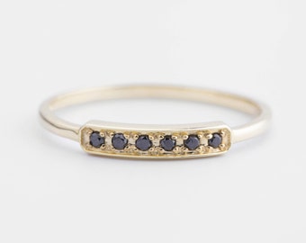 pave black diamond wedding ring, black diamond bar ring, 14k gold, rose gold, white gold, horizontal bar ring, diamond stack rings