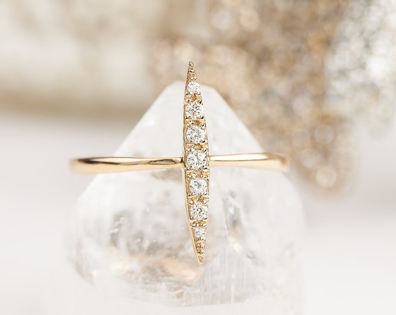 14k gold diamond crescent ring .10ctw long spike ring long | Etsy
