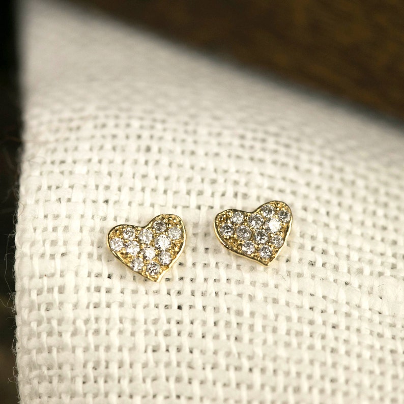 Heart stud earrings, Diamond pave studs, Heart earrings, heart studs, clustered diamond earrings, solid gold, 14k gold, Valentine's gift image 1
