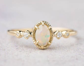 14k gold genuine Opal ring, white gold, rose gold, October birthstone ring, October birthday gift, Unique birthday gift, dainty opal ring