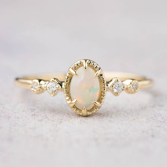 14K Rose, Yellow or White Gold Genuine White Opal Diamond Ring 14K Rose, Yellow or White Gold Genuine White Opal Diamond Ring
