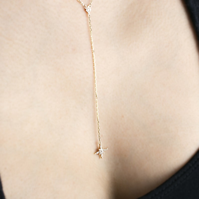 Starburst diamond cluster drop necklace 14k solid gold, lariat necklace, Y chain necklace, rose gold, white gold, yellow gold image 3