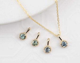 Ciondolo con pietra portafortuna, ciondolo con zaffiro del Montana per collana personalizzata, ciondolo rotondo blu-verde delicato, oro riciclato, oro giallo rosa bianco 14k