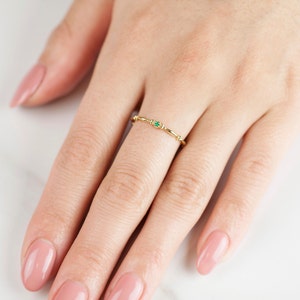 Tiny emerald solitaire ring 14k gold, Emerald stacking ring, Birthstone emerald stack ring solid 14k gold, Small emerald May birthstone ring image 3