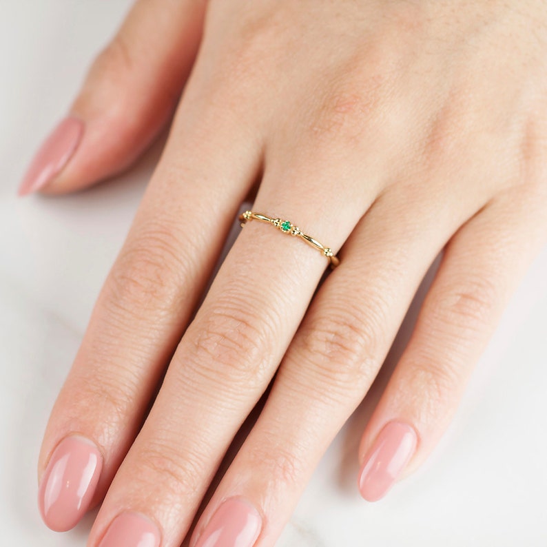 Tiny emerald solitaire ring 14k gold, Emerald stacking ring, Birthstone emerald stack ring solid 14k gold, Small emerald May birthstone ring image 3