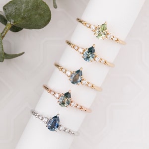 Pear blue green sapphire engagement ring, vintage antique inspired ring, unique pear sapphire ring, dainty pear shape sapphire stacking ring