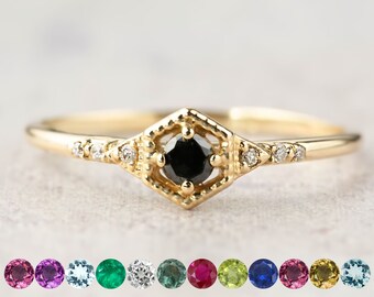 Unique Hexagon Birthstone Engagement Ring in 14k Gold, Art Deco Inspired Design, Mother Ring, Birthstone Jewelry, 3mm Natural Birthstone