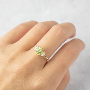 Peridot diamond engagement ring, 14k yellow gold, August birthstone peridot ring, unique alternative peridot engagement ring, Oval peridot image 4