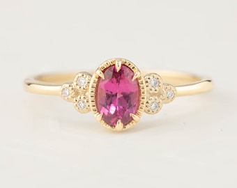Pink tourmaline diamond cluster ring, Art Deco inspired pink tourmaline ring, unique engagement ring, October birthstone jewelry
