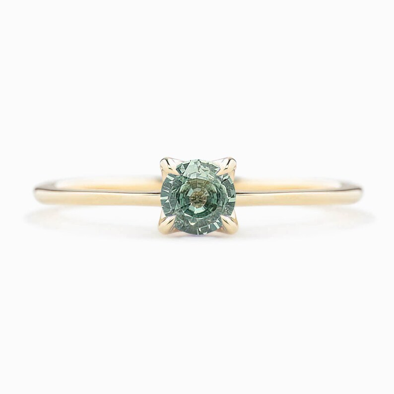 Light green blue sapphire solitaire ring, small round sapphire engagement ring, simple minimal round green sapphire ring, solid 14k gold 14k yellow (4 weeks)