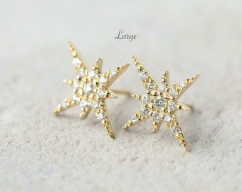 Large starburst diamond cluster earrings, Starburst stud earrings, Diamond star stud earrings, star earrings, 14k yellow gold, rose gold