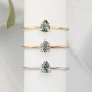 Minimal teardrop sapphire ring, Minimalist pear shape sapphire ring, Simple pear sapphire ring, Unheated blue green sapphire ring, 14k gold