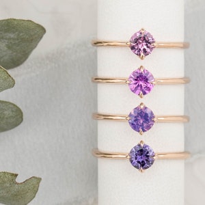 Pink purple sapphire ring, Tapered band round sapphire solitaire ring, Simple round sapphire ring, dainty minimal sapphire ring, 14k rose