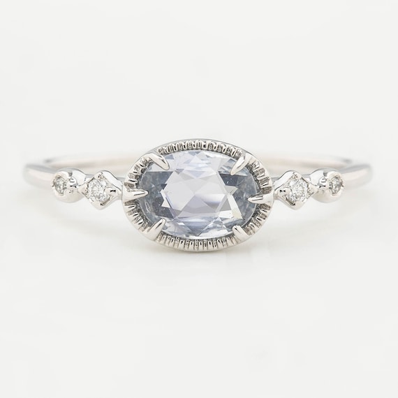 Light Lavender Blue Green Sapphire Ring. Alternative engagement ring. 14k  rose gold diamond ring. Emerald Radiant cut Sapphire ring