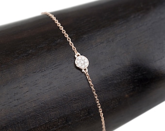 Dainty diamond bracelet, Simple pave white diamond round disc & solid 14k rose gold bracelet, simple dainty friendship bracelet, yellow gold