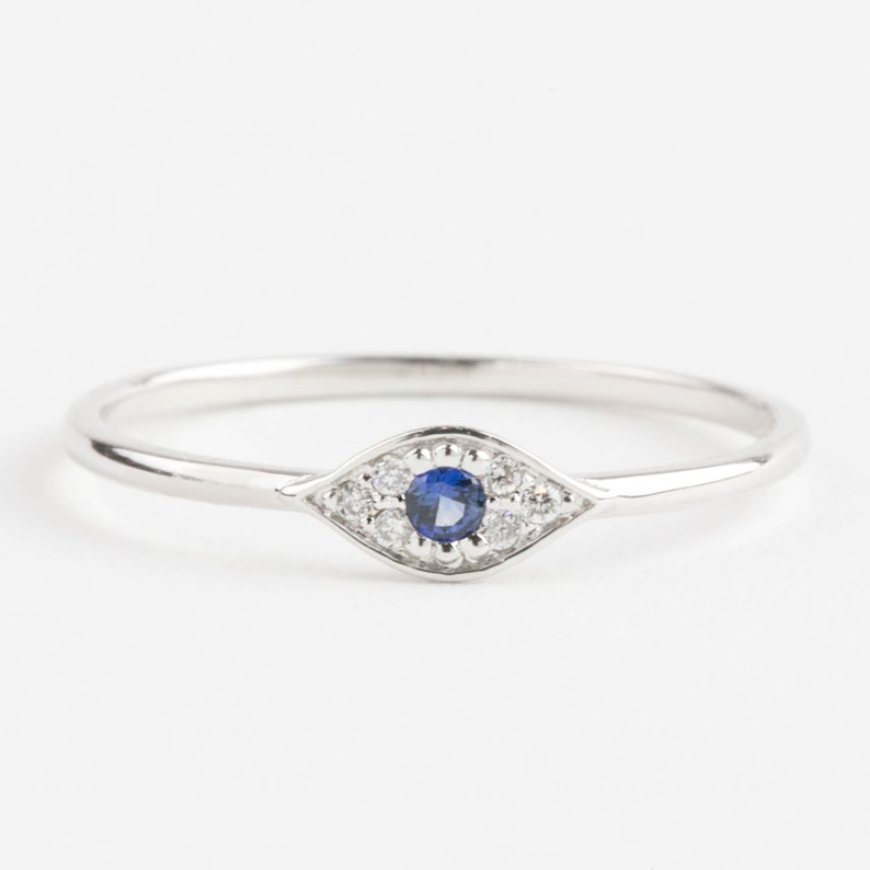 Evil eye ring, Eye ring, Evil eye stacking ring, 14k solid gold, rose gold, white gold, blue sapphire, white diamond, evil eye ring image 6
