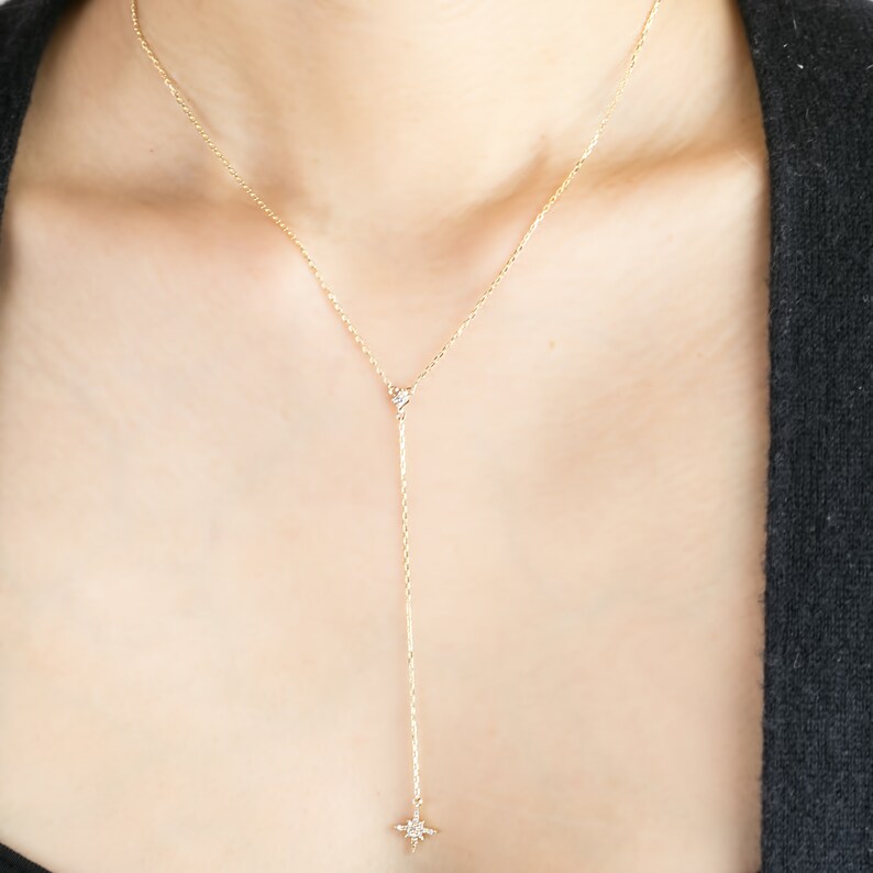 Starburst diamond cluster drop necklace 14k solid gold, lariat necklace, Y chain necklace, rose gold, white gold, yellow gold image 4