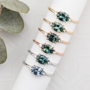 Ost West Saphir Verlobungsring, ovaler blau grüner Saphir Ring, horizontaler Saphir Ring, Umba, Madagaskar, schlichter ovaler Saphir Ring,