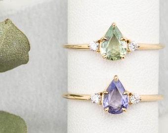 Teardrop sapphire ring, Three stone pear green sapphire ring, Dainty Pear shape sapphire, Simple teardrop blue sapphire ring, 14 yellow gold