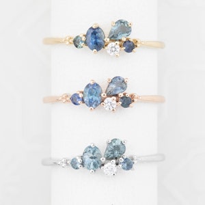 Teal blue sapphire & diamond cluster ring, solid gold, teal montana sapphire diamond cluster ring, unique multi cluster sapphire ring