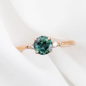 Round Blue Green Montana Sapphire Engagement Ring, 14k rose gold ring, Teal Blue, Green Montana Sapphire ring, Diamond three stone ring