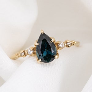 One of a kind pear shaped sapphire engagement ring, Pear cut sapphire ring, teal blue, green unique engagement ring with diamond accent