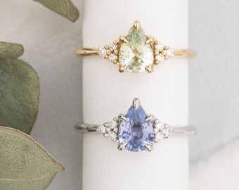 One of a kind Pear Sapphire Ring, unheated sapphire diamond cluster ring, Vintage inspired green pear cut sapphire engagement ring, 14k gold