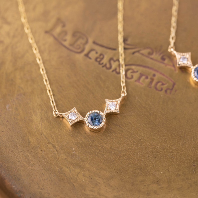 Three stone necklace solid 14k yellow gold, Montana sapphire & diamond necklace, Unique Montana Sapphire jewelry, three stone necklace image 8