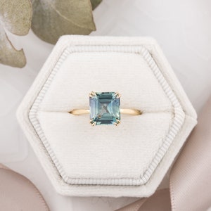 Asscher Cut Solitaire Engagement Ring, Asscher Cut Sapphire Ring, Simple Parti Blue Green Sapphire Ring, One of a kind 3ct engagement ring image 5