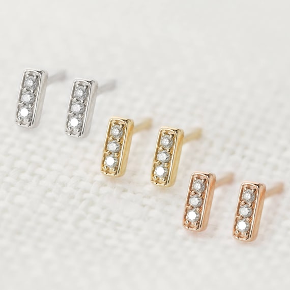 Diamond Accent Minimalist Bar Single Stud Earring In 14K Solid Gold 