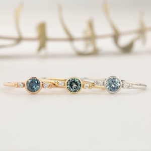 Dainty Sapphire Engagement Ring, Teal Blue Montana sapphire ring, Unique Sapphire Engagement Ring, 14k solid gold, Diamond three stone ring