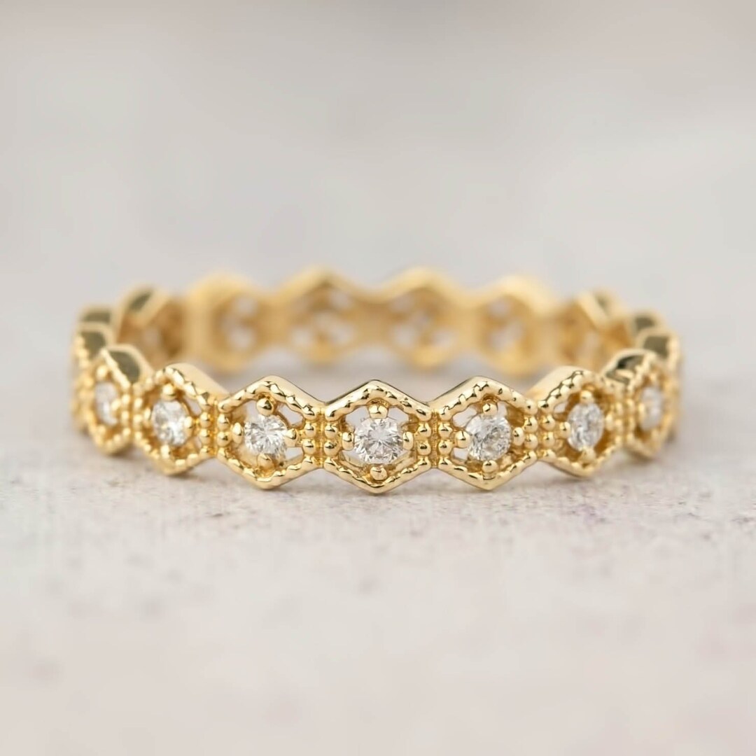 Hexagon Diamond Eternity Wedding Band Vintage Inspired Eternity Ring Unique Diamond Wedding Band 14k Yellow Gold Rose Gold White Gold Etsy