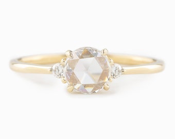 Rose cut diamond engagement ring, solid 14k gold, Three stone diamond engagement ring, unique round diamond engagement ring, 14k gold