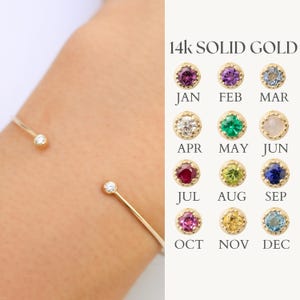 14k Gold Birthstone Open Cuff Bracelet, Solid 14k Gold with  Natural Birthstones, Yellow Gold, Rose Gold, White Gold