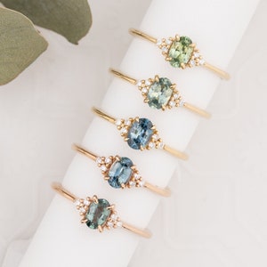 Oval Green Montana Sapphire Engagement Ring, Diamond cluster light green sapphire ring, Make your own sapphire ring,  Unique Montana ring
