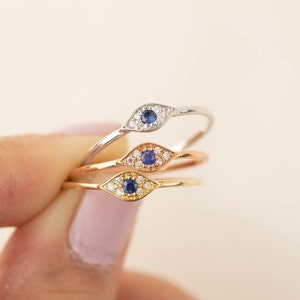 Evil eye ring, Eye ring, Evil eye stacking ring, 14k solid gold, rose gold, white gold, blue sapphire, white diamond, evil eye ring image 5