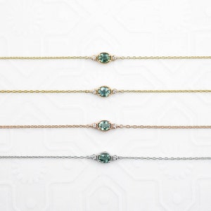 Blue Green Sapphire Bracelet With Diamonds, 14k gold, Unheated Madagascar Sapphire Bracelet, Dainty sapphire bracelet, Minimalist sapphire