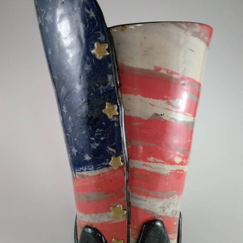 Ceramic freedom in America vase / Americana decor / utensil holder / shops red white blue / stars and stripes / monoprint