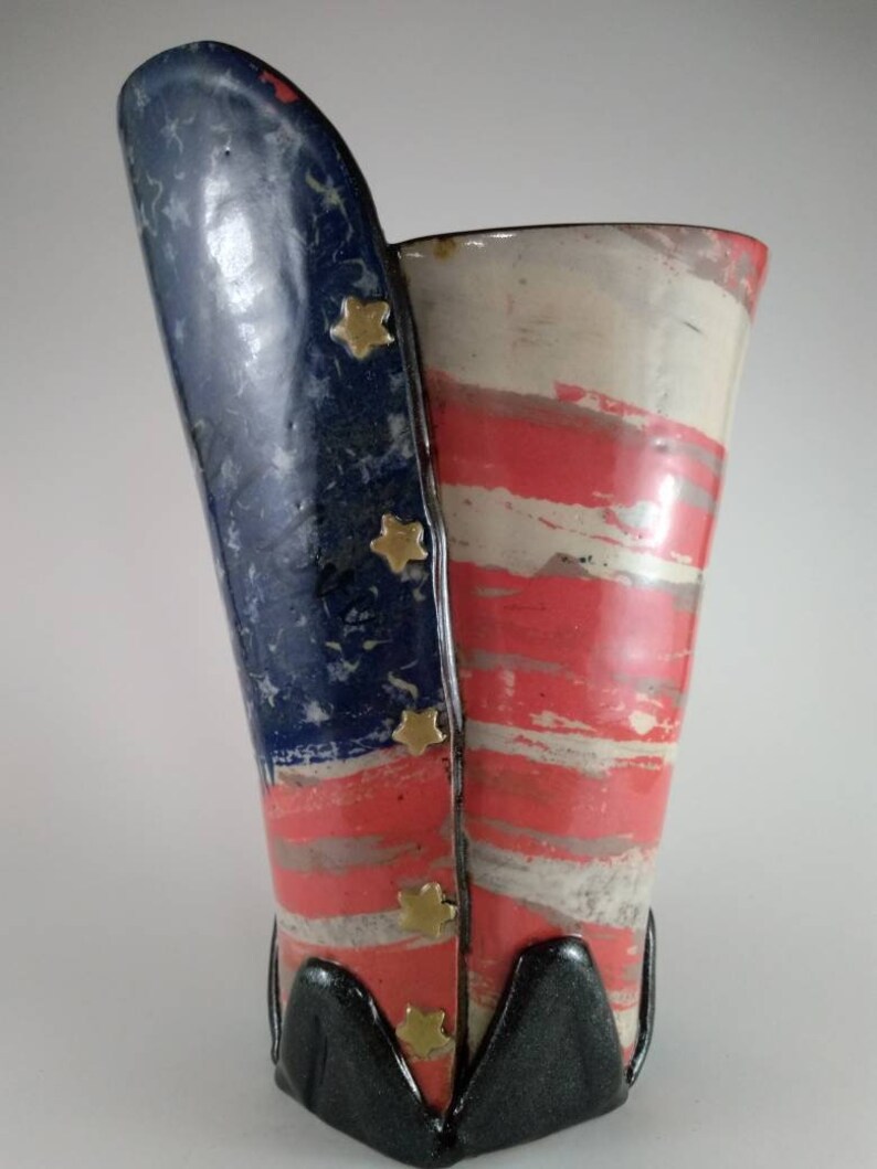 Ceramic freedom in America vase / Americana decor / utensil holder / shops red white blue / stars and stripes / monoprint